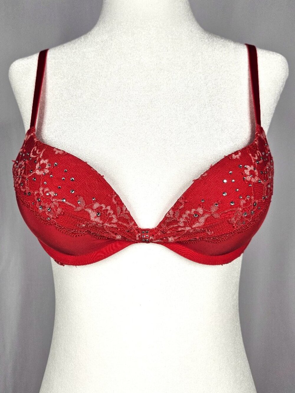 Victoria's Secret | Red Lace Padded Demi Bra | Rhinestone Crystal | Size 32A